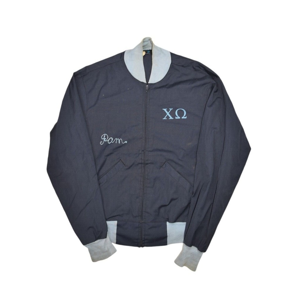Vintage Champion Running Man Sorority Jacket Womens Small Chi Omega Blue 70s